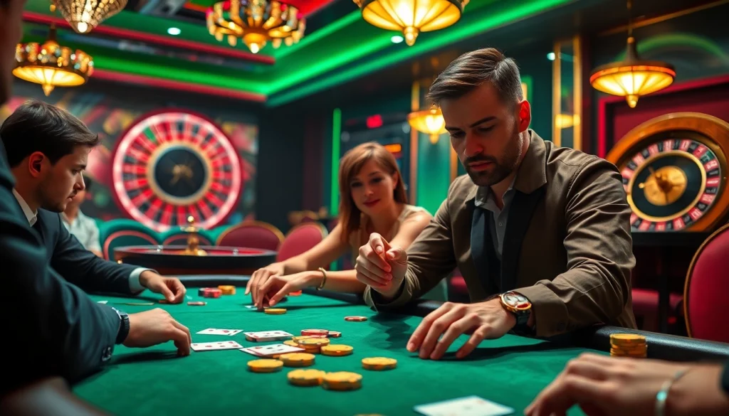 Exciting scene at Okfun casino showcasing players engaged in a high-stakes poker game with colorful chips.